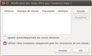 Boîte "Modification des routes IPv4 pour Connexion filaire 1"